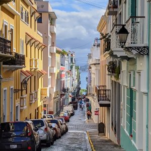 A cobblestone street overlooking the ocean in Puerto Rico