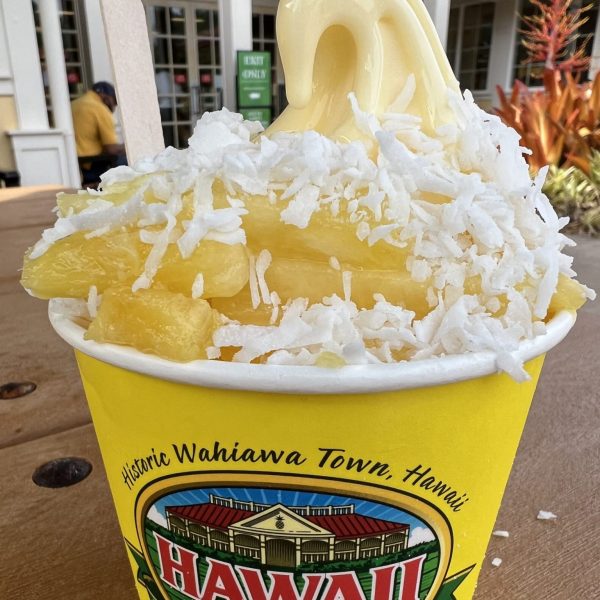 Dole Plantation Pineapple in a cup with powdered sugar, which Leesa found on her road trip to the North Shore.