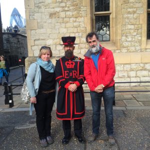 Jim, Sarah and a Beefeater in London, Britain