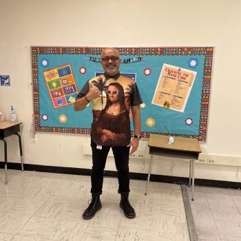 Jose ready to start teaching in Miami wearing a Mona Lisa shirt.