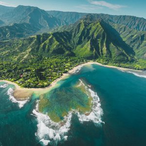 An aerial shot of the Kauai Mountains in Hawaii
