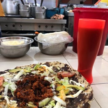 MC oaxacan tlayuda with jamaica water